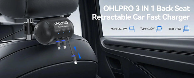 OHLPRO 3 IN 1 Back Seat Retractable Car Fast Charger