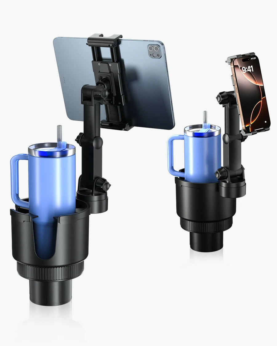 2-in-1 cup holder car tablet holder showing an iPad and an iPhone mounted on the adjustable arm next to a light blue insulated travel tumbler with a handle.