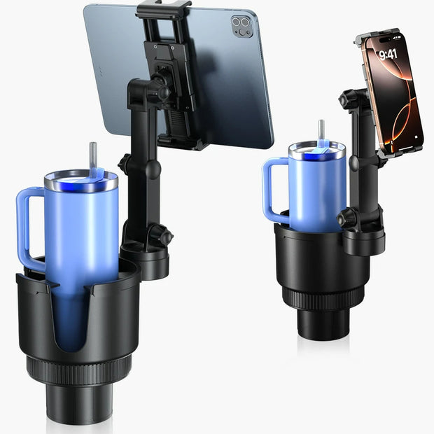 2-in-1 cup holder car tablet holder showing an iPad and an iPhone mounted on the adjustable arm next to a light blue insulated travel tumbler with a handle.
