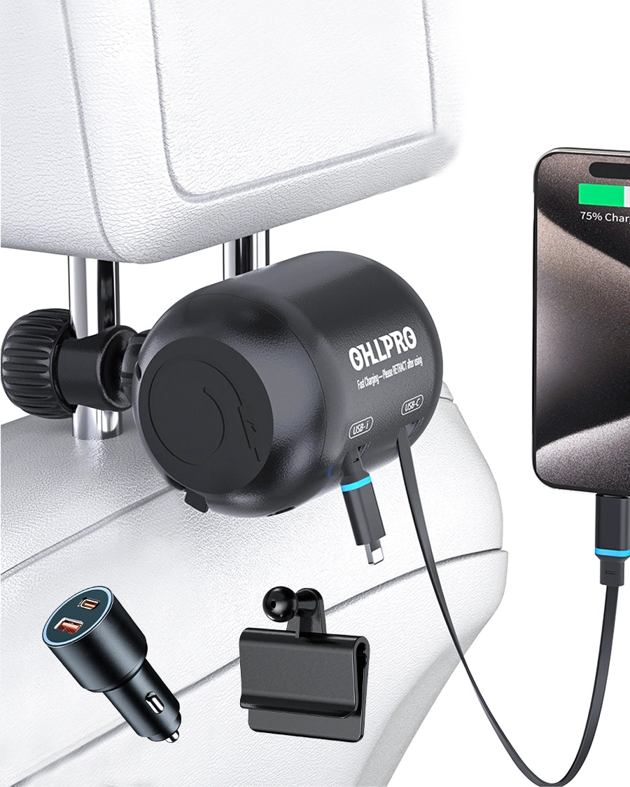 OHLPRO 2-in-1 retractable car charger with Lightning and Type-C cables