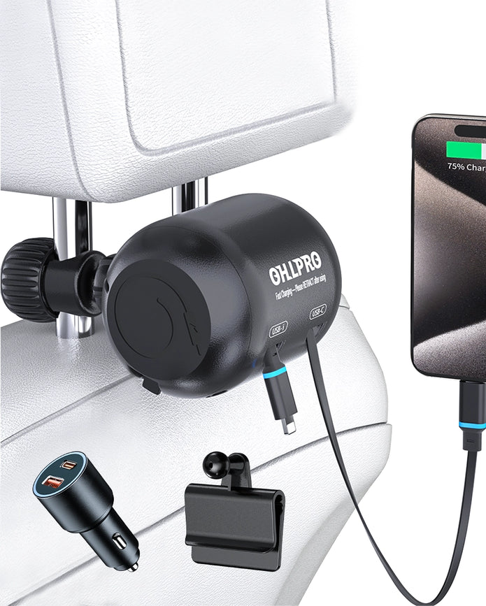 OHLPRO 2-in-1 retractable car charger with Lightning and Type-C cables