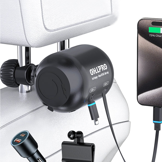 OHLPRO 2-in-1 retractable car charger with Lightning and Type-C cables
