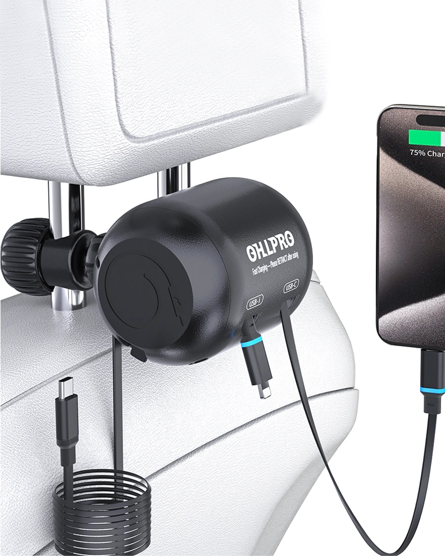 OHLPRO 2-in-1 retractable car charger with Lightning and Type-C cables