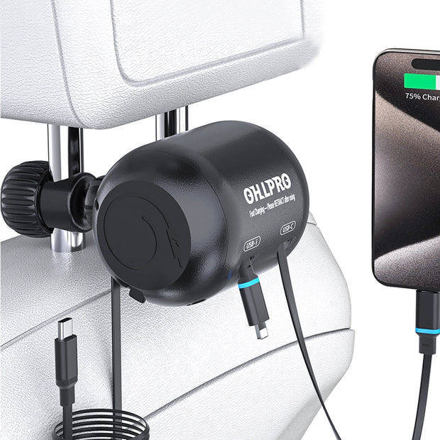OHLPRO 2-in-1 retractable car charger with Lightning and Type-C cables