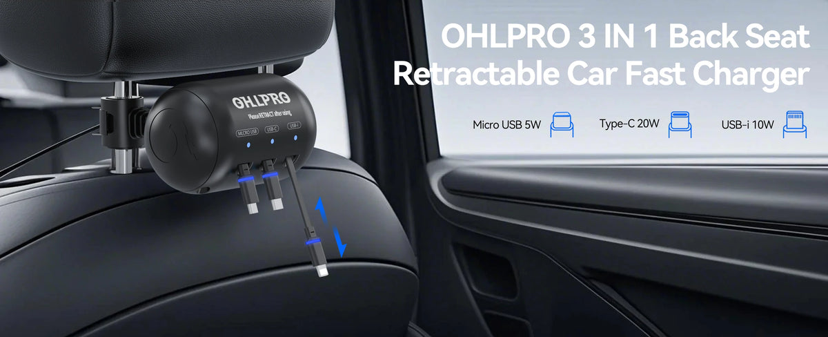 OHLPRO 3-in-1 retractable car charging station with triple cables