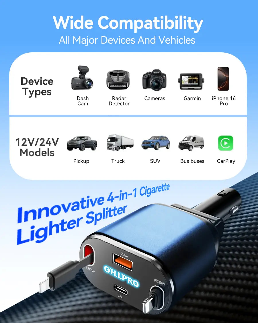 OHLPRO 80W car charger for four devices with dual retractable cables