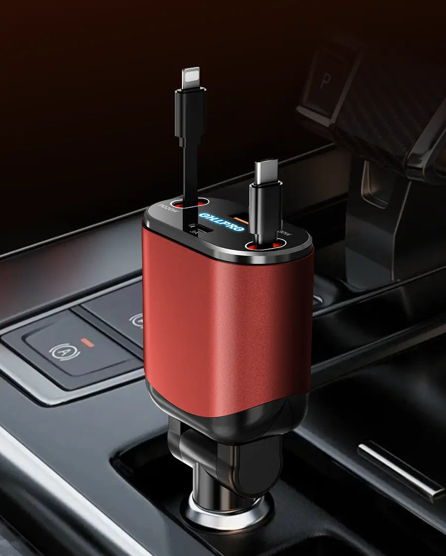 OHLPRO 4-in-1 retractable red car charger with dual Type-C cables and dual ports