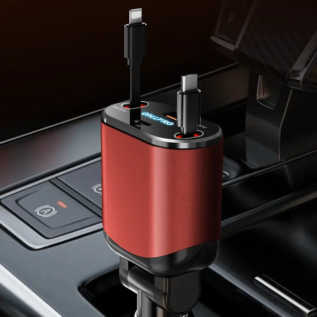 OHLPRO 4-in-1 retractable red car charger with dual Type-C cables and dual ports