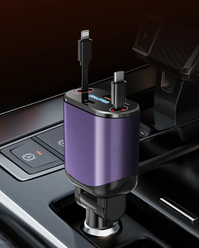 OHLPRO 4-in-1 retractable purple car charger with dual Type-C cables and dual ports