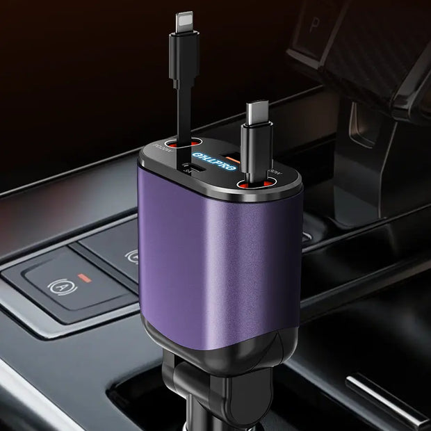 OHLPRO 4-in-1 retractable purple car charger with dual Type-C cables and dual ports