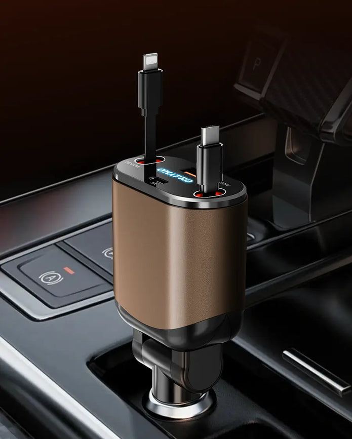 OHLPRO 4-in-1 retractable yellow car charger with dual Type-C cables and dual ports