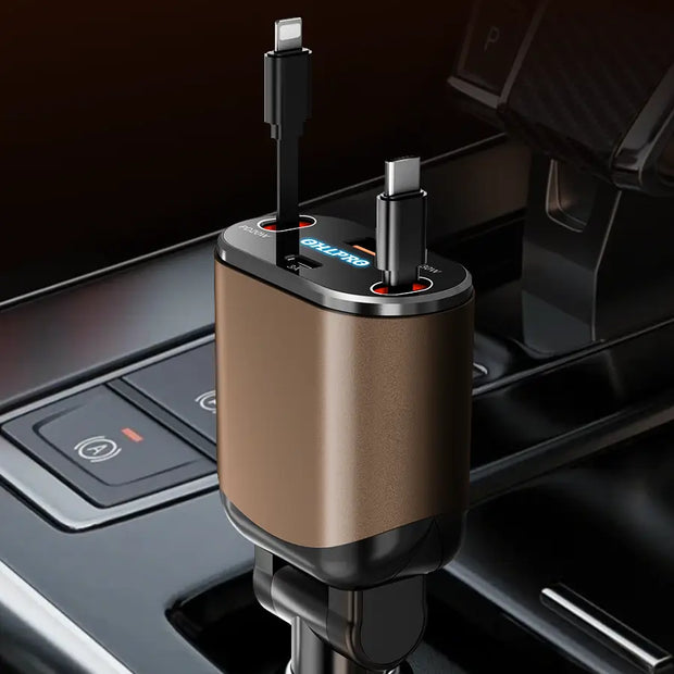 OHLPRO 4-in-1 retractable yellow car charger with dual Type-C cables and dual ports