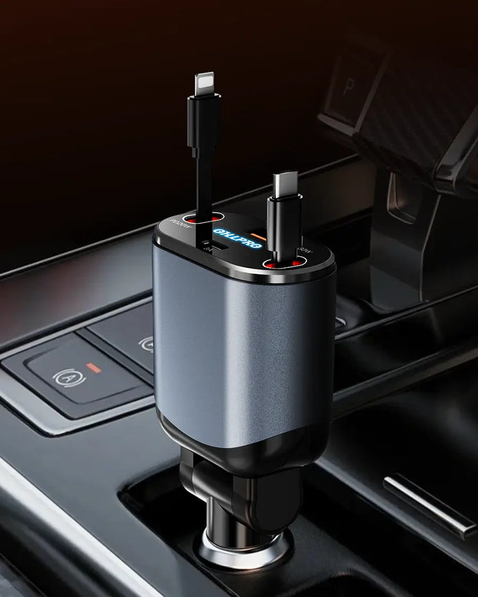 OHLPRO 4-in-1 retractable car charger with dual Type-C cables and dual ports