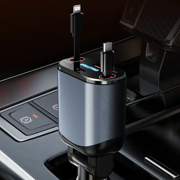 OHLPRO 4-in-1 retractable car charger with dual Type-C cables and dual ports