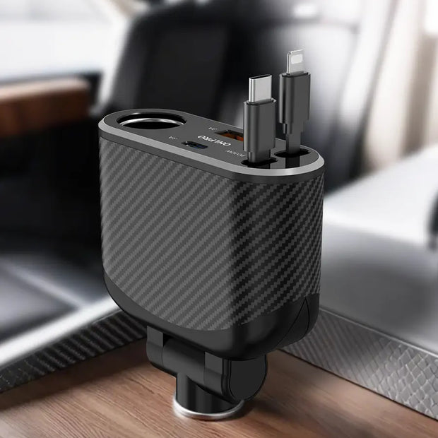 OHLPRO Black 5 in 1 car retractable charger with lightning and type-c cables and three ports