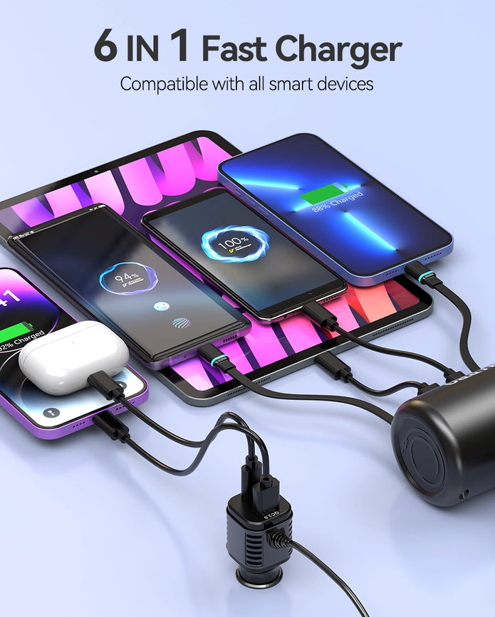 OHLPRO Size and dimension overview of 6-in-1 backseat car charger