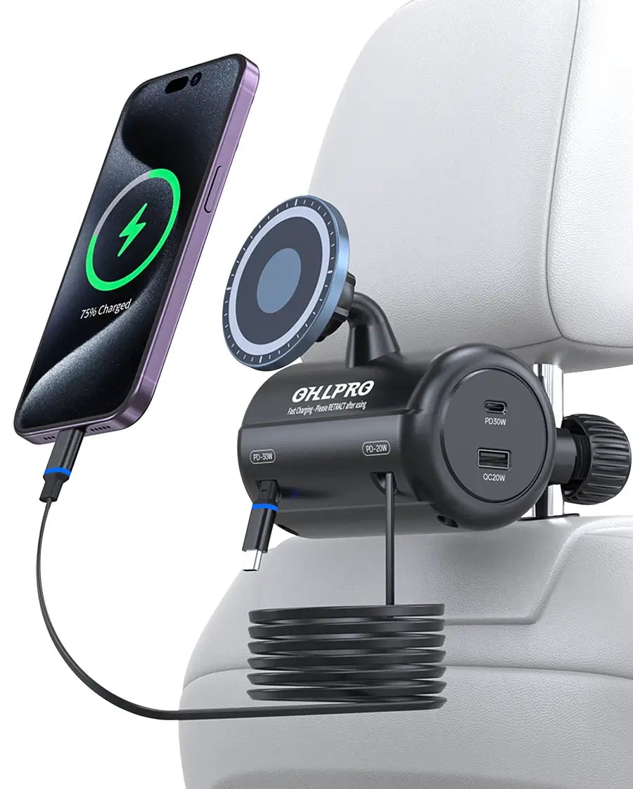 OHLPRO Headrest Retractable Charging Box with Type-C/Lightning Cables & Wireless Charger for Cars