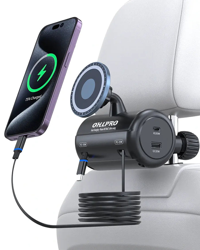 OHLPRO Headrest Retractable Charging Box with Type-C/Lightning Cables & Wireless Charger for Cars