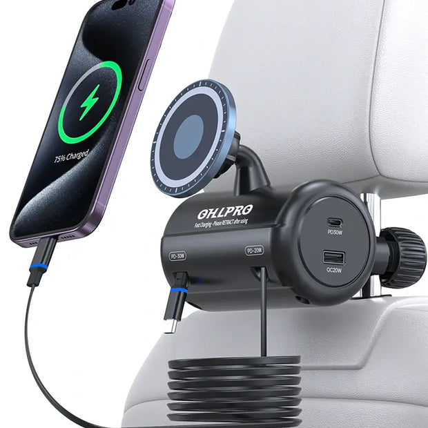 OHLPRO Headrest Retractable Charging Box with Type-C/Lightning Cables & Wireless Charger for Cars