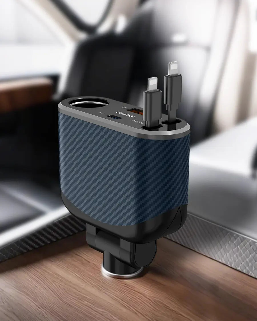 OHLPRO Blue 5 in 1 car retractable charger with two lightning cables and three ports
