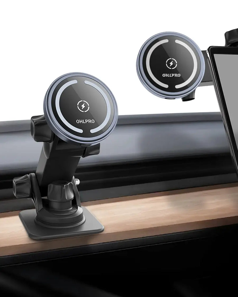 OHLPRO Gray car magsafe wireless charger with 3M adhesive base on dashboard or windshield
