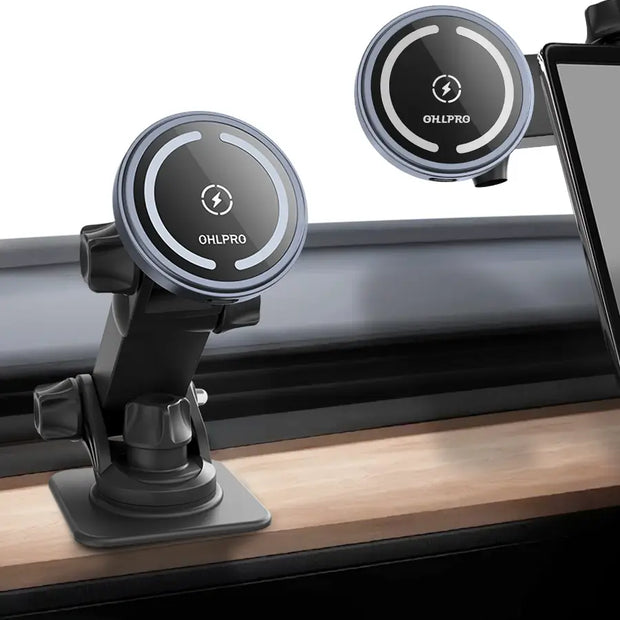 OHLPRO Gray car magsafe wireless charger with 3M adhesive base on dashboard or windshield