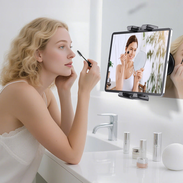 OHLPRO Tablet holder in use on a bathroom mirror  for hands-free makeup viewing