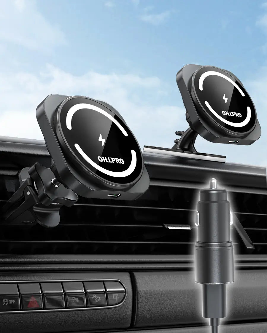 Magnetic clip strap for secure mounting of the wireless car charger on the dashboard or air vent