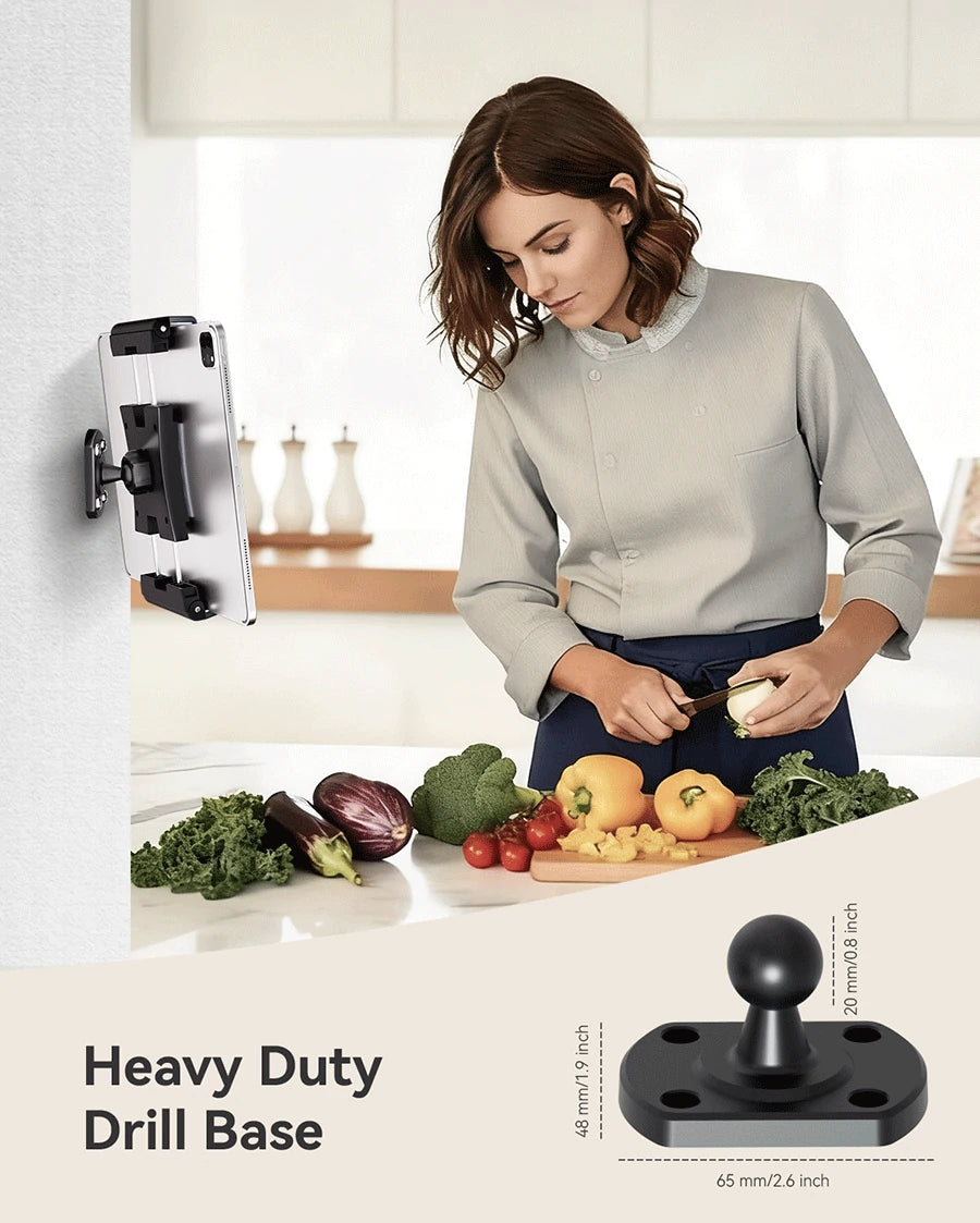 OHLPRO 2-in-1 Tablet Wall Mount features suction and drill bases, plus a 360° rotatable adjustable aluminum clip
