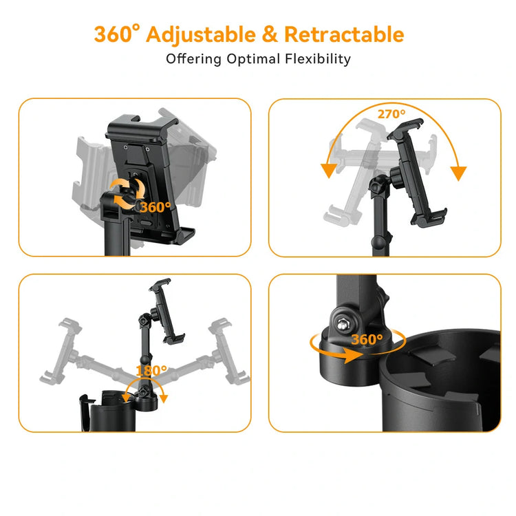Heavy duty car tablet holder with a 270 degree adjustable extension arm and 360 degree rotating ball joint for optimal viewing angle.