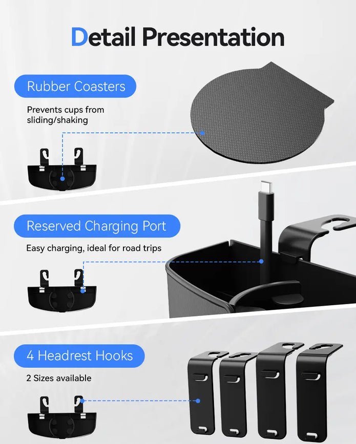 OHLPRO backseat car organizer detail presentation for ports and hooks