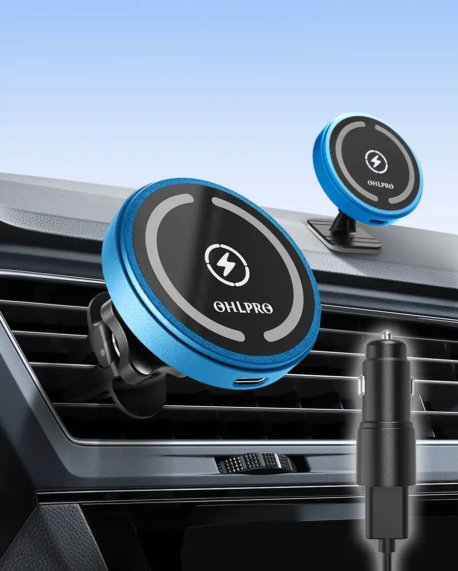 15W MagSafe blue wireless car charger with powerful magnetic mount and 360° adjustable viewing angle