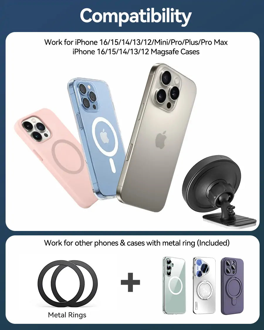 Compatible with iPhones, Android devices, and other wireless charging-enabled smartphones with metal ring