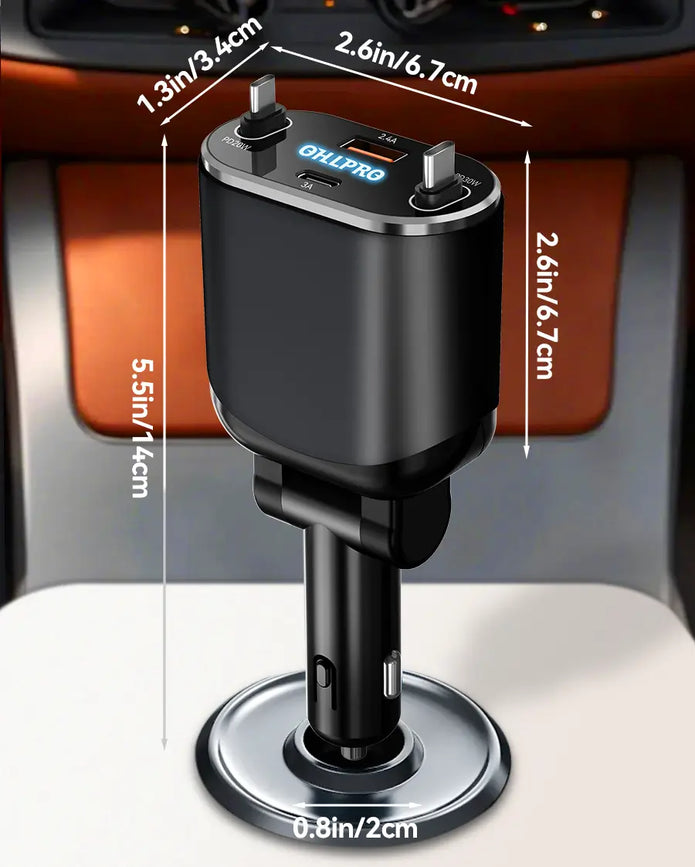 Dimensions of OHLPRO 4-in-1 car charger and cable extension detail