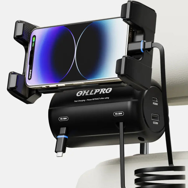 OHLPRO Car charging station with retractable cables and phone holder