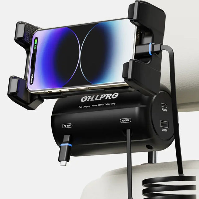 OHLPRO Car charging station with retractable cables and phone holder