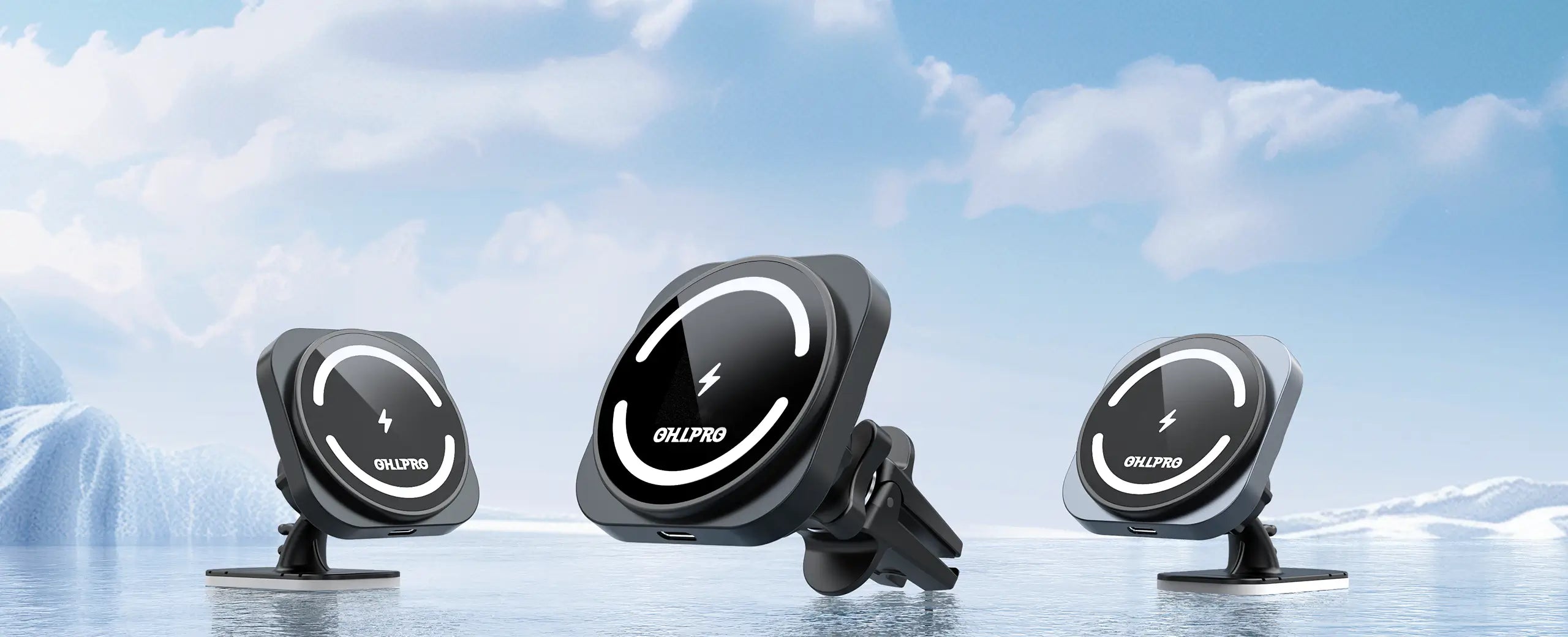 Full view of the wireless charger installed with vent clip and 3M mount on the dashboard