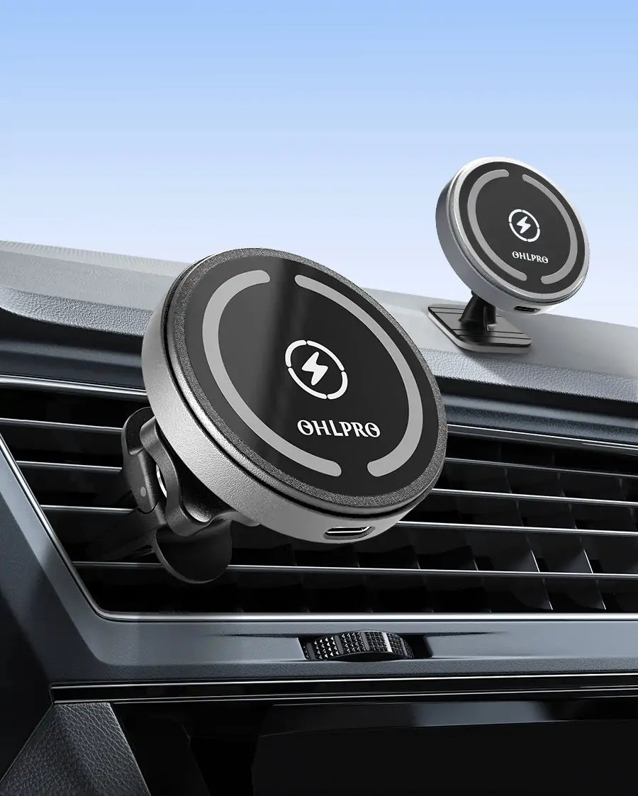 15W MagSafe gray wireless car charger with powerful magnetic mount and 360° adjustable viewing angle