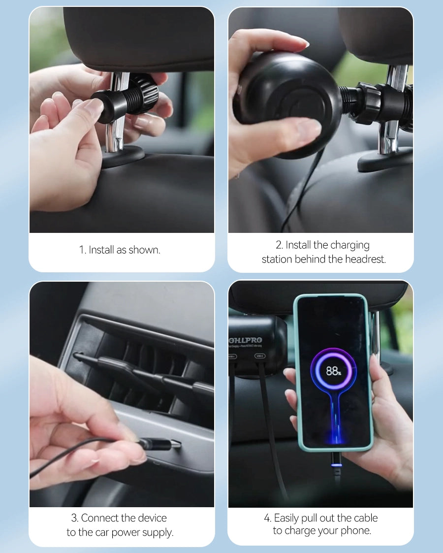 OHLPRO charger Easy installation with no tool of charger on car headrest for rear passengers 
