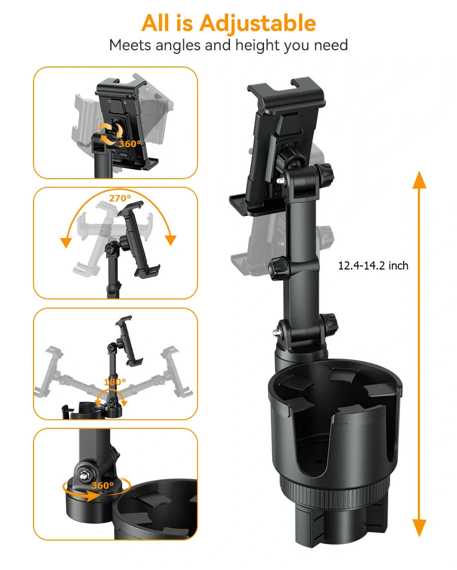 Heavy duty car tablet holder with a 270 degree adjustable extension arm and 360 degree rotating ball joint for optimal viewing angle.