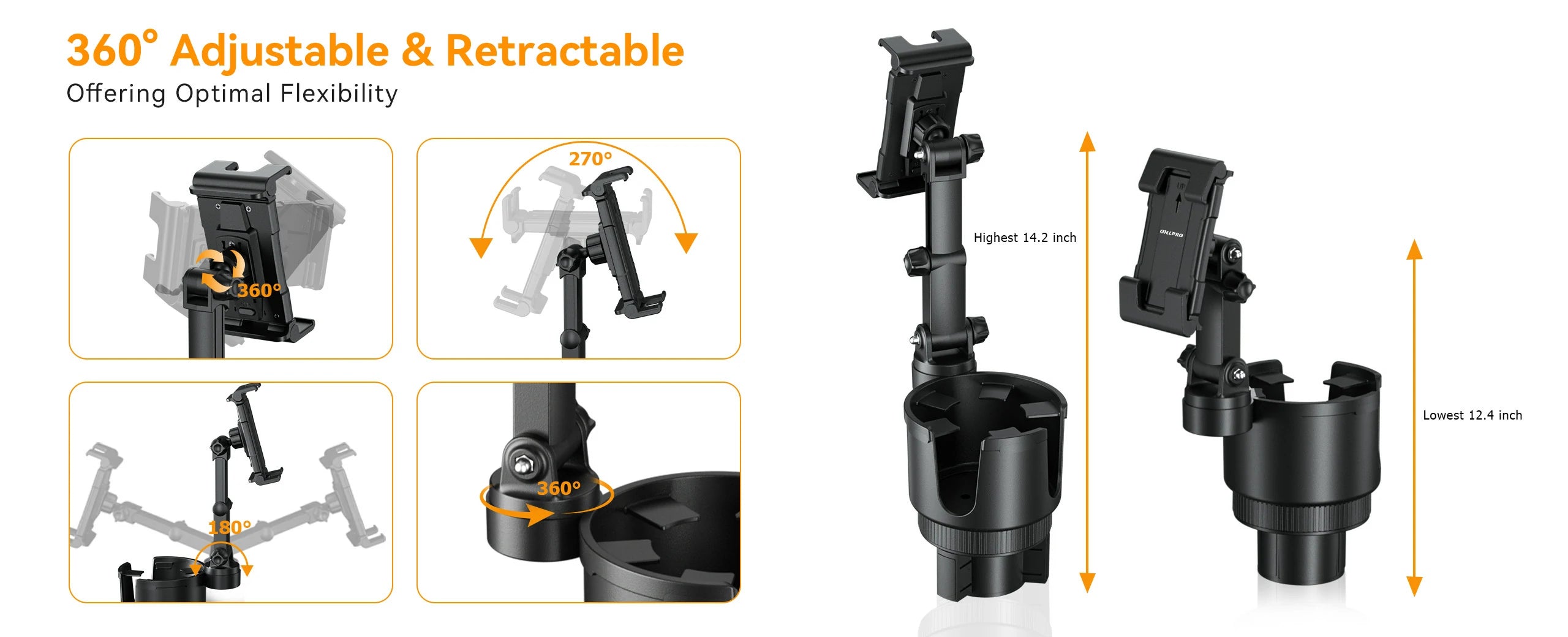 Heavy duty car tablet holder with a 270 degree adjustable extension arm and 360 degree rotating ball joint for optimal viewing angle.