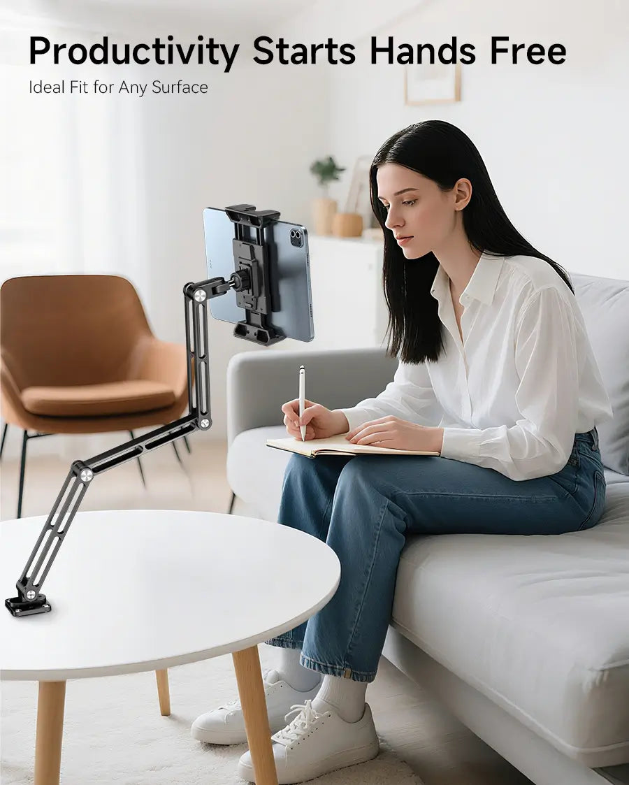 Student using OHLPRO durable tablet holder wall mount at study desk for learning