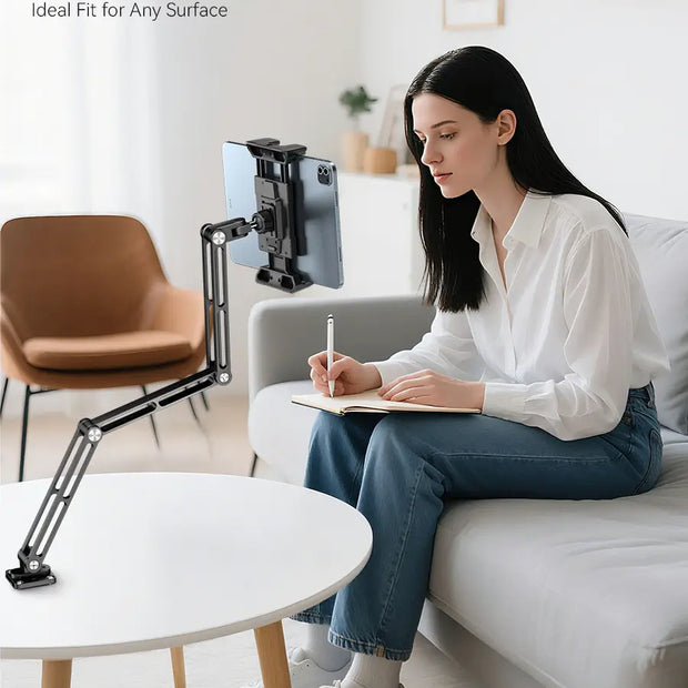 Student using OHLPRO durable tablet holder wall mount at study desk for learning