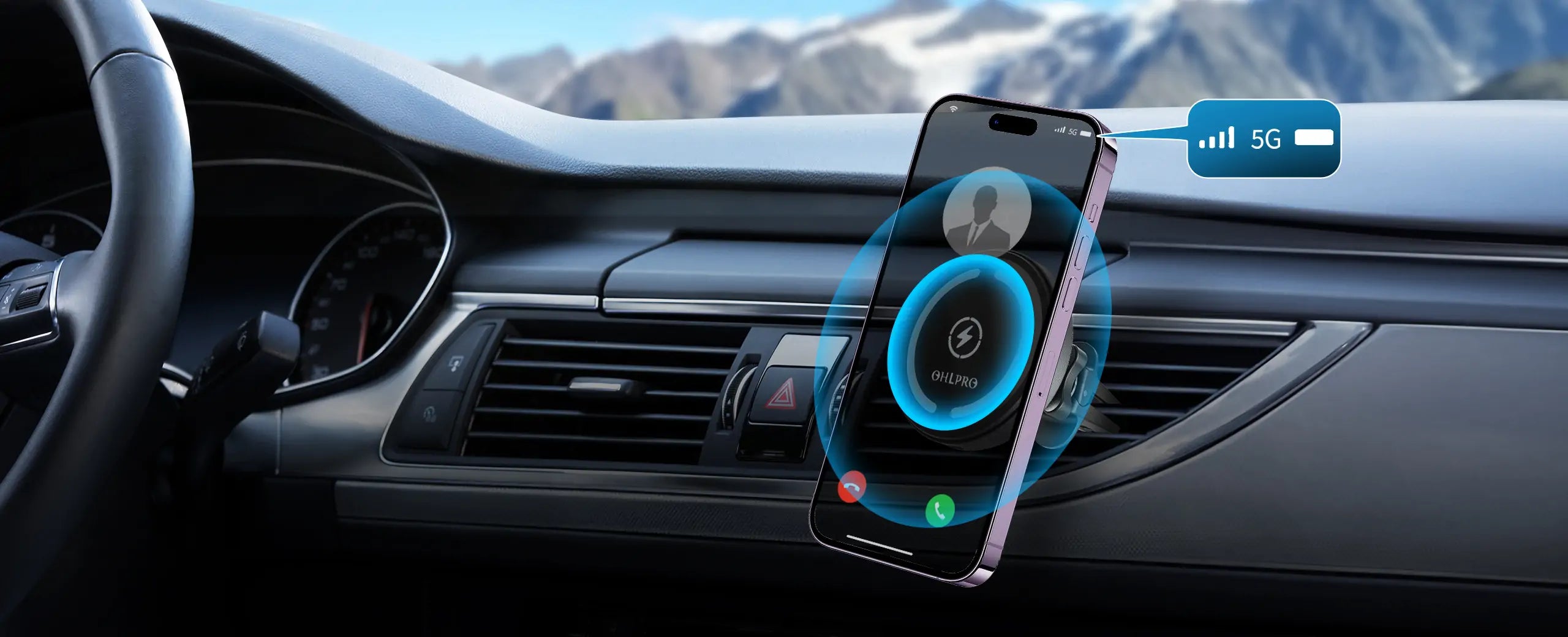 15W MagSafe wireless car charger with powerful magnetic mount and 360° adjustable viewing angle