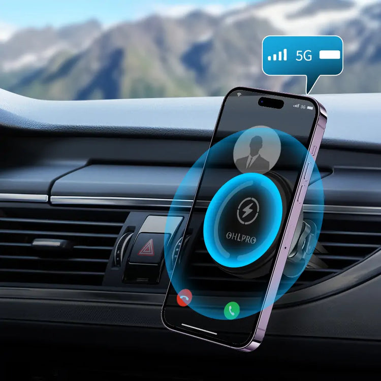 15W MagSafe wireless car charger with powerful magnetic mount and 360° adjustable viewing angle