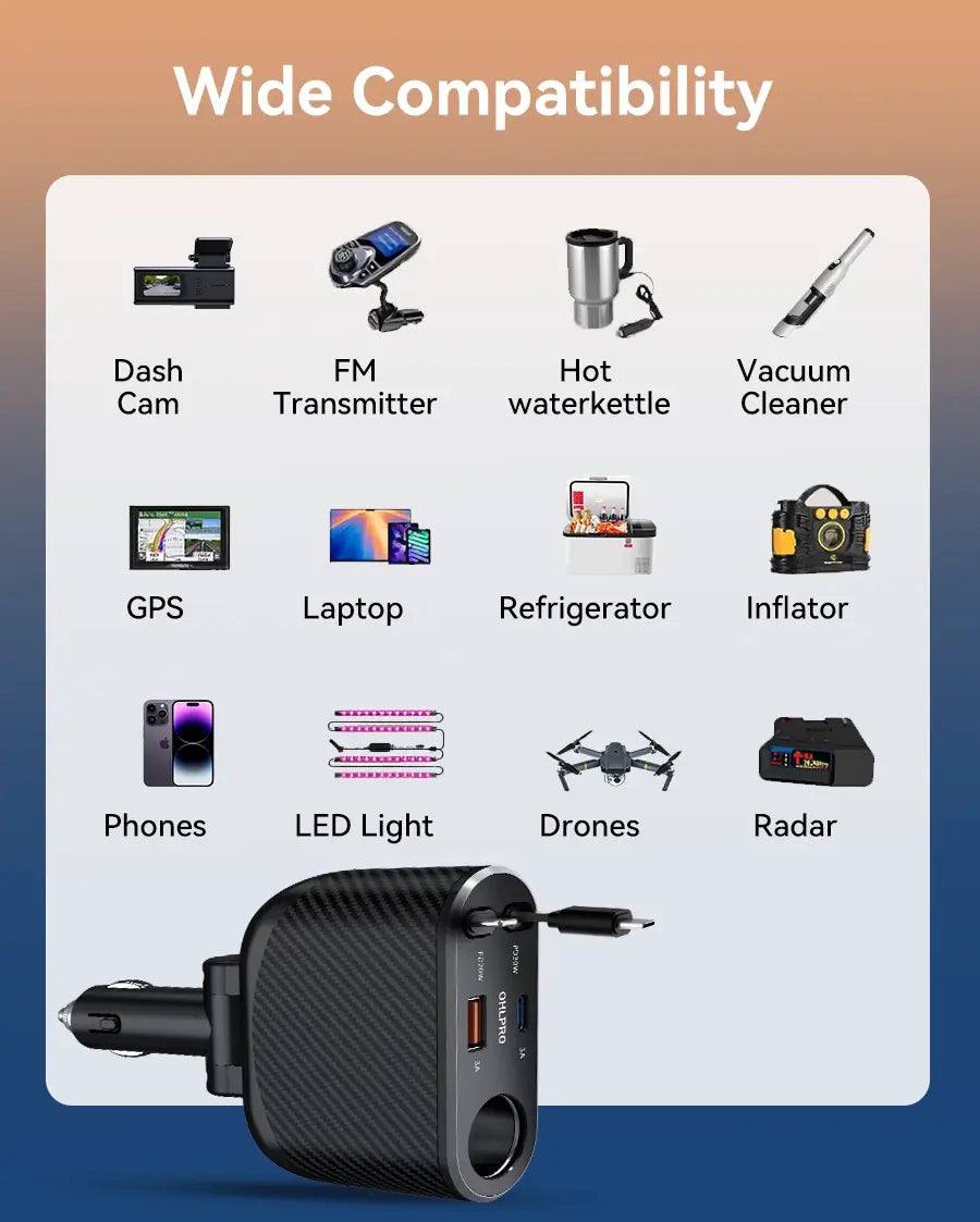 OHLPRO Smart car charger with retractable cords and cigarette lighter extension