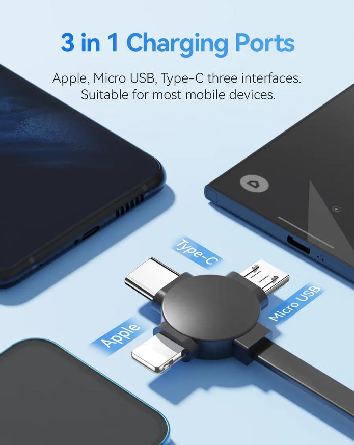 Setup of OHLPRO 3-in-1 charger with lightning, type-C, and micro-USB