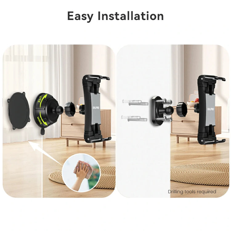 OHLPRO 2-in-1 Tablet Wall Mount showing suction base and drill base installaion methods
