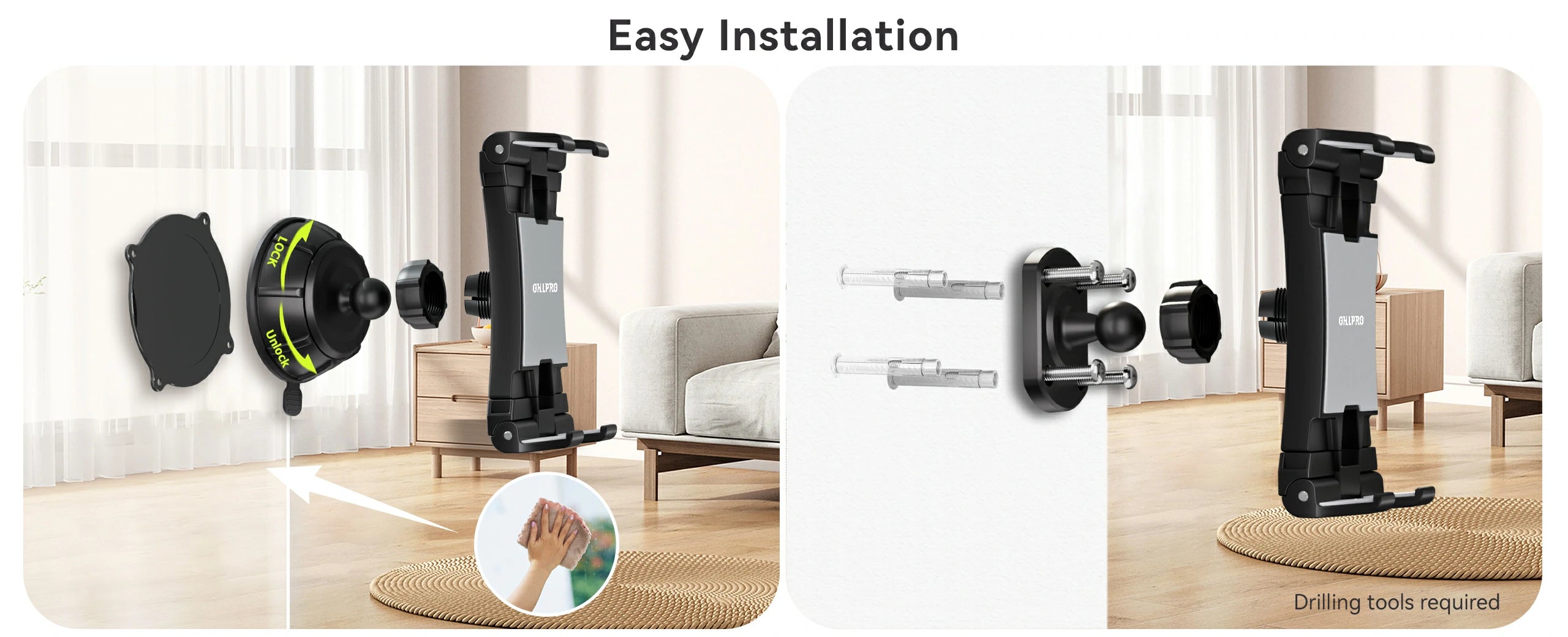 OHLPRO 2-in-1 Tablet Wall Mount showing suction base and drill base installaion methods