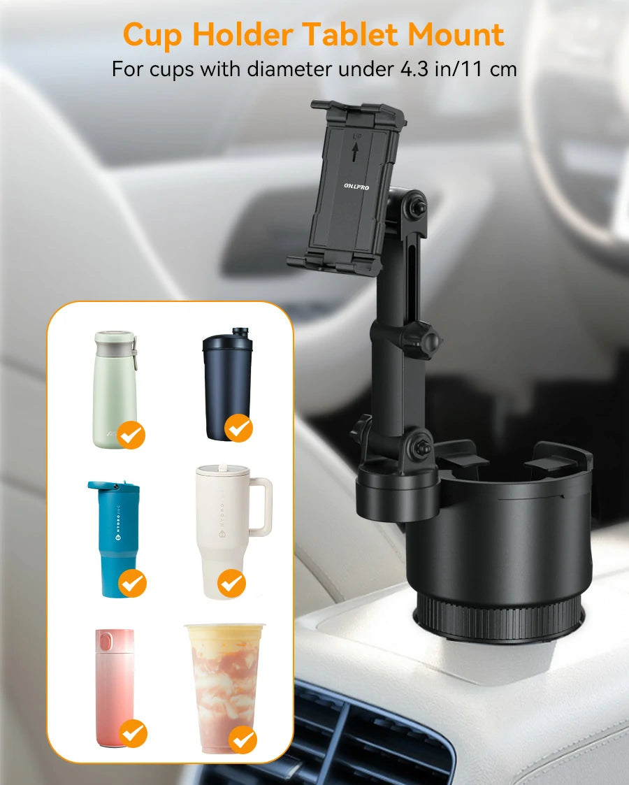 Adjustable car cup holder adapter fitting a large Stanley tumbler with handle and oversized coffee mugs securely in the center console.